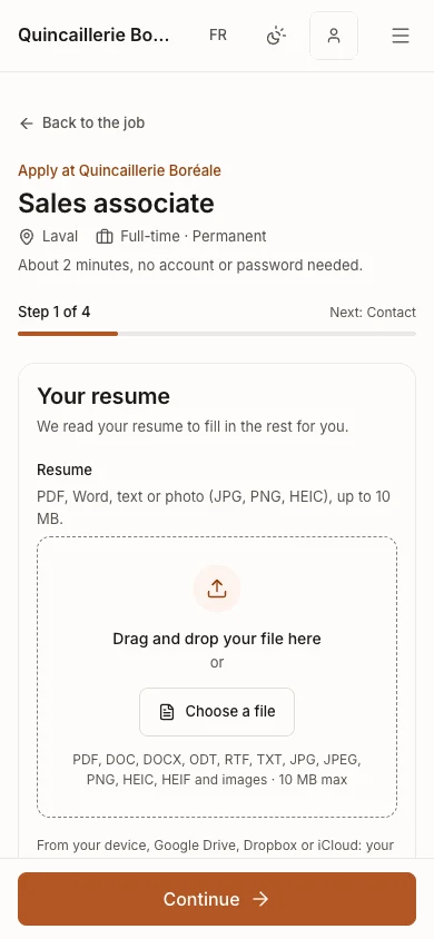 Mobile application form at the résumé upload step.