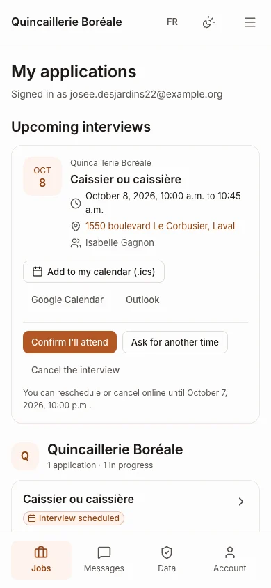 Candidate portal on a phone, with an upcoming interview and a button to confirm attendance.