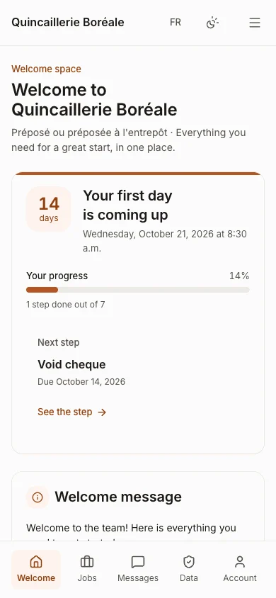New-hire onboarding portal on a phone: first day in 14 days, progress and next step.