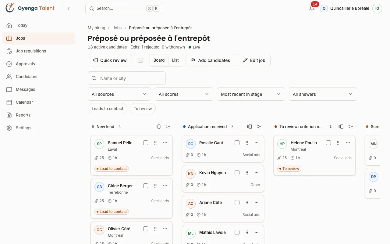 Job pipeline in Oyenga Talent: candidates sorted by stage, with their city and source.