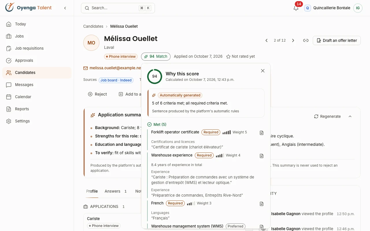 Candidate profile with a match score of 94 and the list of criteria met.