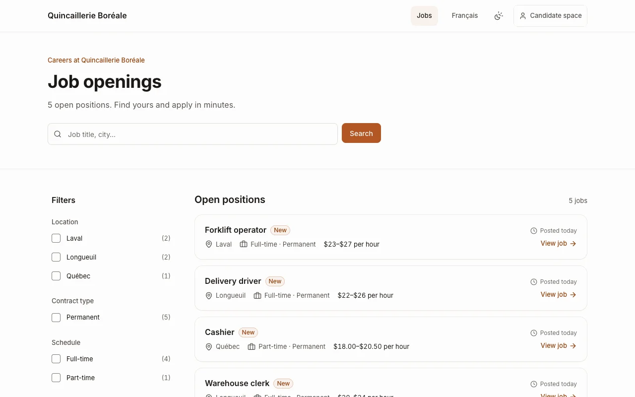 An employer's careers site listing open jobs, with filters by location.