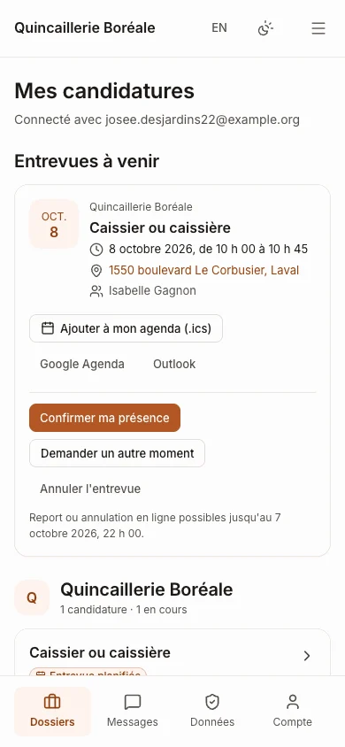 Espace du candidat sur téléphone, avec son entrevue à venir et le bouton pour confirmer sa présence.