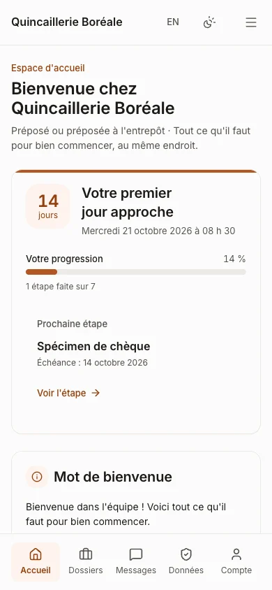 Espace d'accueil d'un nouvel employé sur téléphone : premier jour dans 14 jours, progression et prochaine étape.
