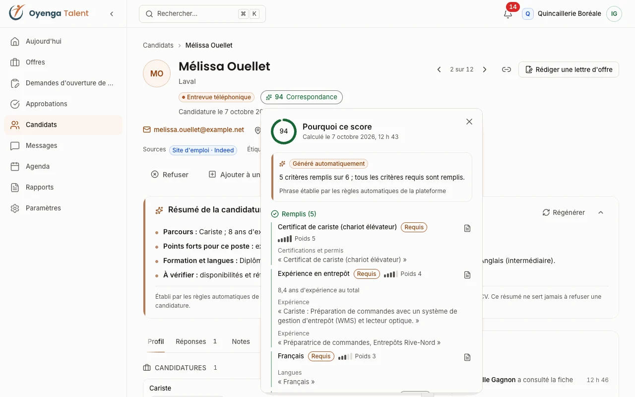 Fiche d'une candidate avec un score de correspondance de 94 et le détail des critères remplis.