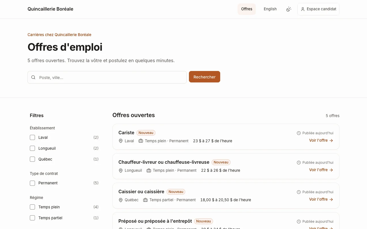 Site carrières d'un employeur, avec la liste des offres ouvertes et des filtres par établissement.
