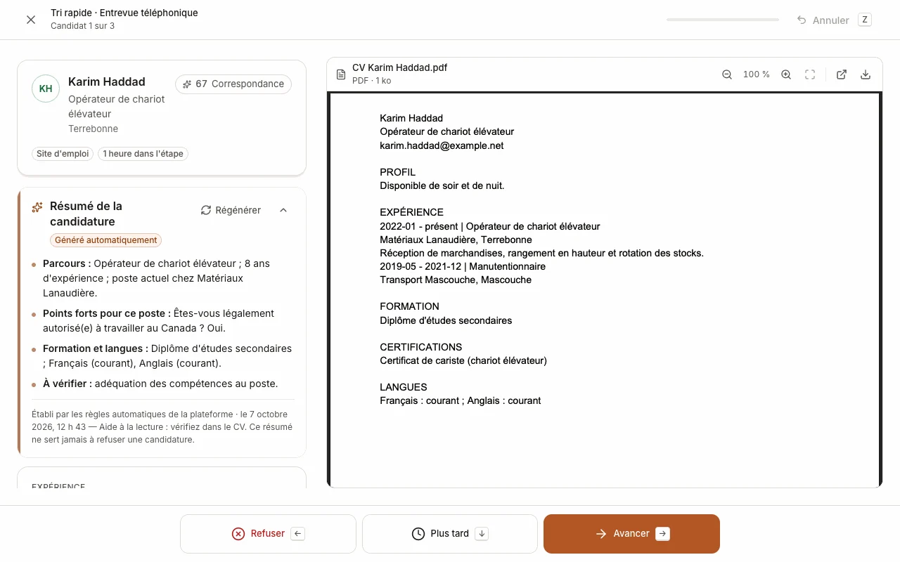 Écran de tri rapide : résumé de la candidature à gauche, CV à droite, boutons Refuser, Plus tard et Avancer.